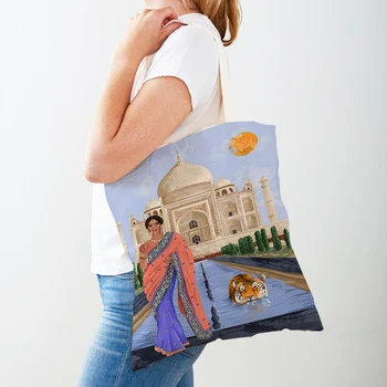 Abstraktne Tüdruk Taj Mahal Tiiger Mere Rannas Naiste Kandekotid Topelt Prindi Vabaaja Lõuend Käekott Vintage Kunsti Õla Shopper Kott