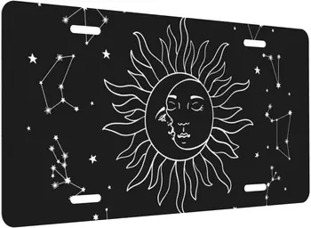 Sun Moon numbrimärk Zodiac Graafika Abstraktne Teema Must Valge Auto kõrgläikega Metallist numbrimärk Alumiinium 12x6 Tolli