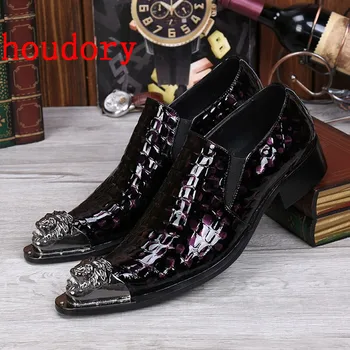 Briti stiilis metallist varvaste krokodilli nahk kingad lakknahast tõsta ametlike luksus kingad meestele kleit pulm korterid saapa