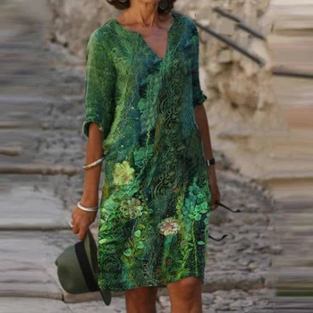 Naiste Elegantne Õie Printida Poole Varrukas Kleit Suve-v-Kaeluse Pluss Suurus 5Xl põlvikud Uus Kleit Lady Ametlik Sündmus Kleit